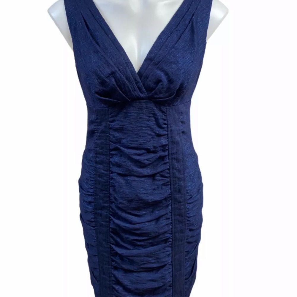 Nanette Lepore 4 Navy Shimmery V Neck Lined Ruched Dress
